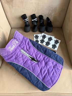 Think! Purple and Navy Quilted Pet Coat with Reflective Trim